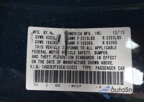 2014 Honda Accord Sport из США, поврежденный, VIN 1HGCR2F50EA100832